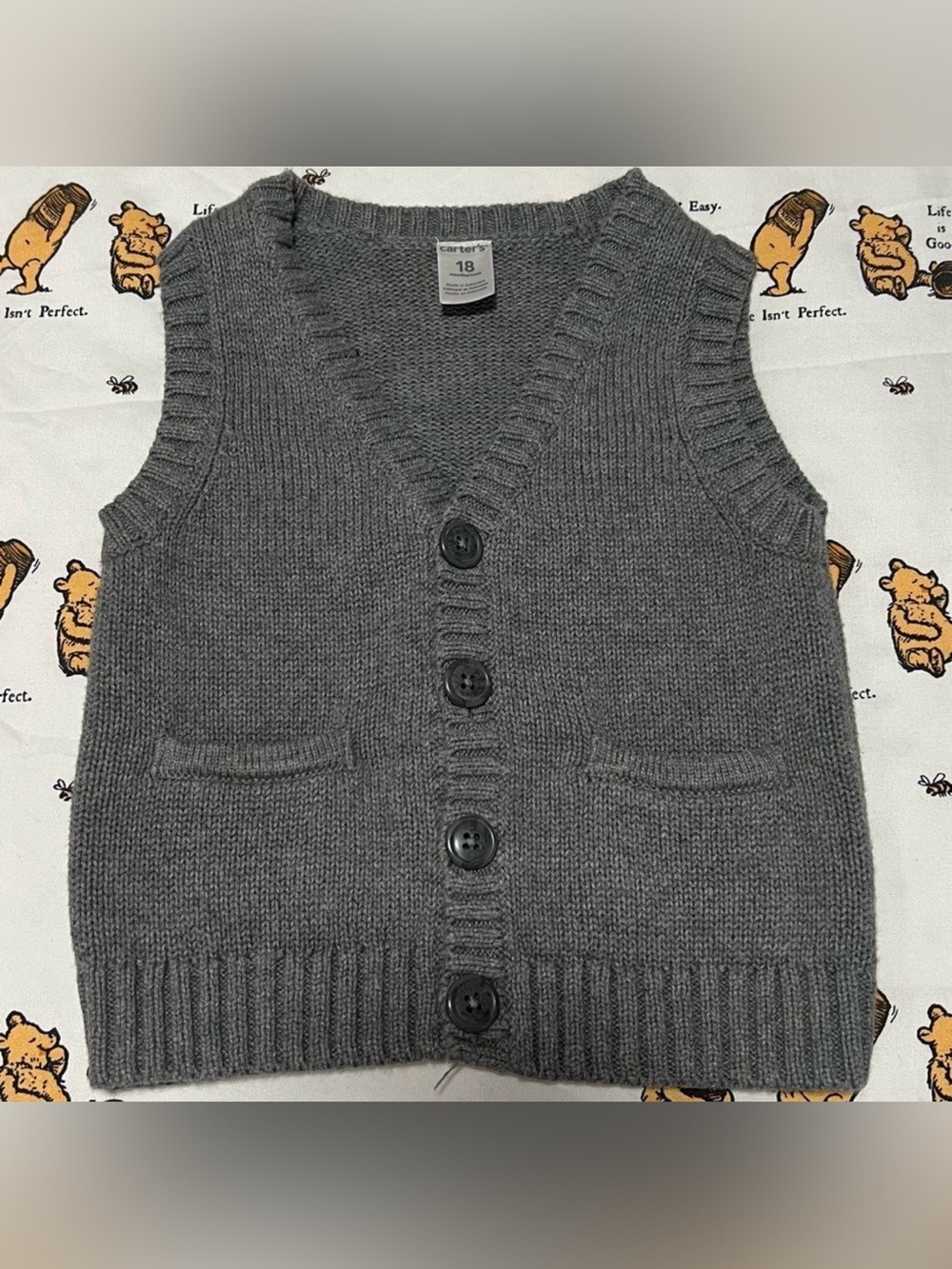 CARTER’S Baby-boys' 100% Cotton Knit Sweater Vest with Pockets Grey SIZE 18M